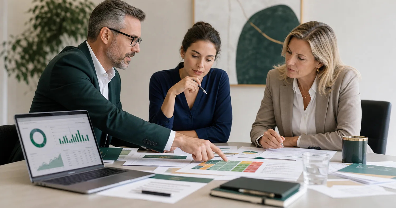 Advisers reviewing business information together